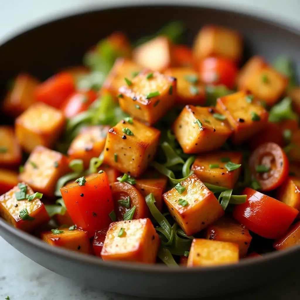 a photo of soy sauce marinated tofu stir-fry with colorful vegetables