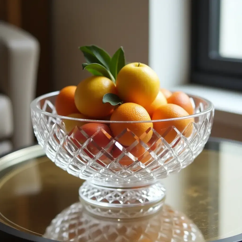 a photo of an elegant coffee table centerpiece with a crystal bowl and fresh fruit