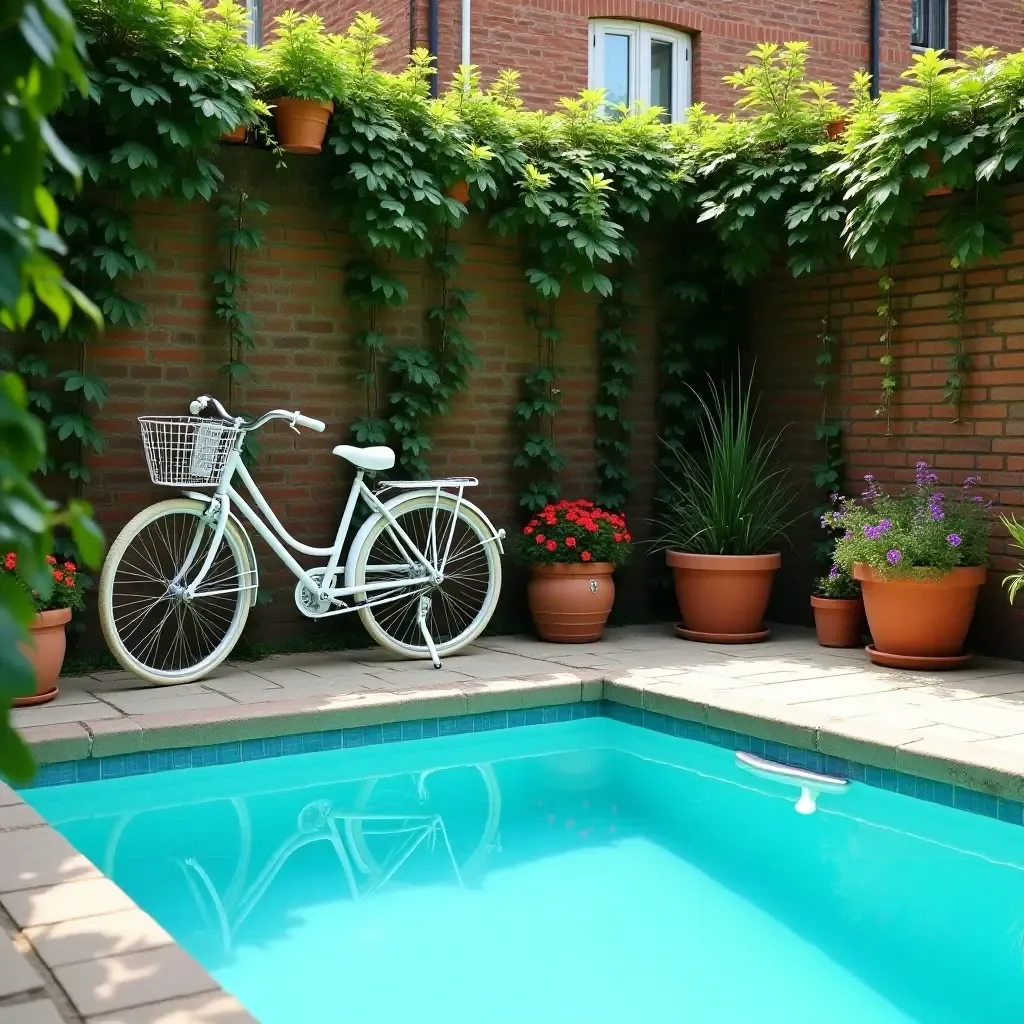 a photo of a charming outdoor pool area with a vintage bicycle and flower pots