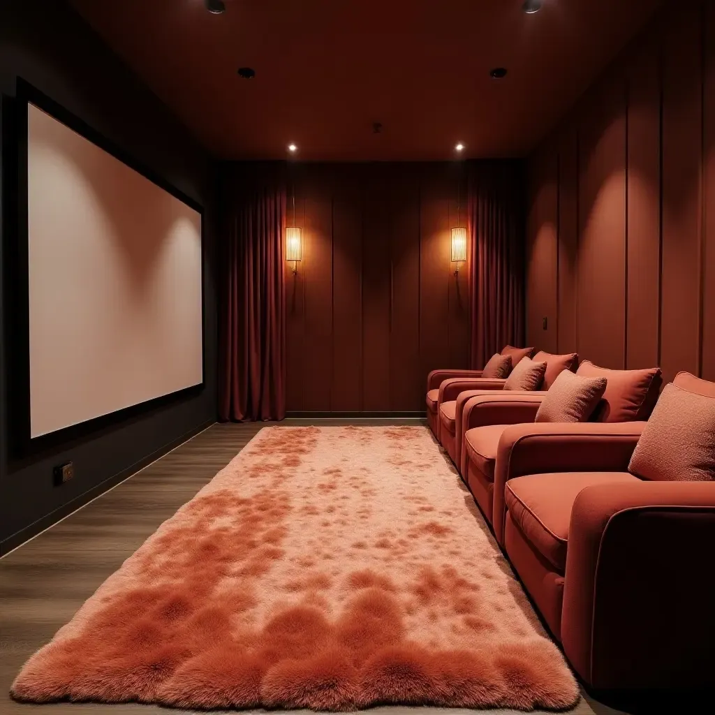 a photo of a cozy, oversized rug in a basement movie room