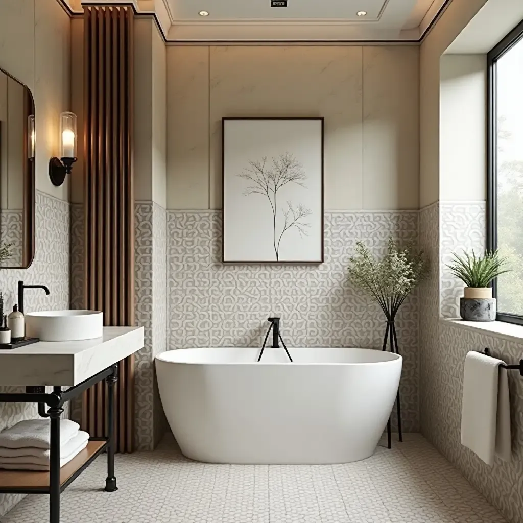 a photo of a bathroom featuring a beautiful mosaic tile design and elegant decor