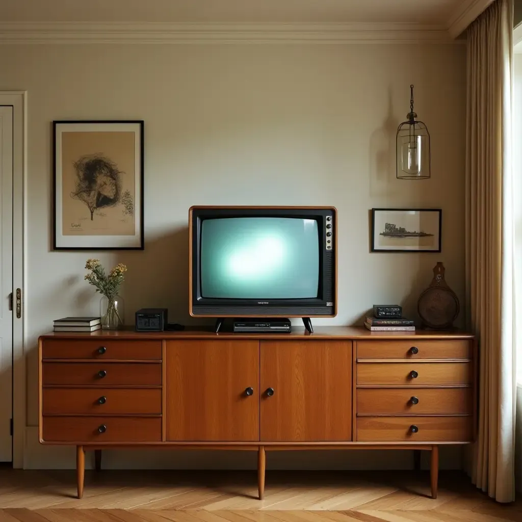 a photo of a vintage dining room featuring a retro TV integrated into a sideboard