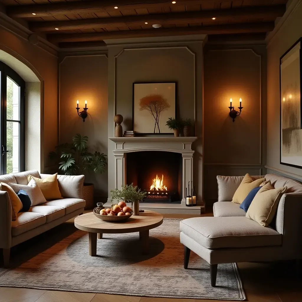 a photo of a cozy breakfast nook with a fireplace and warm lighting