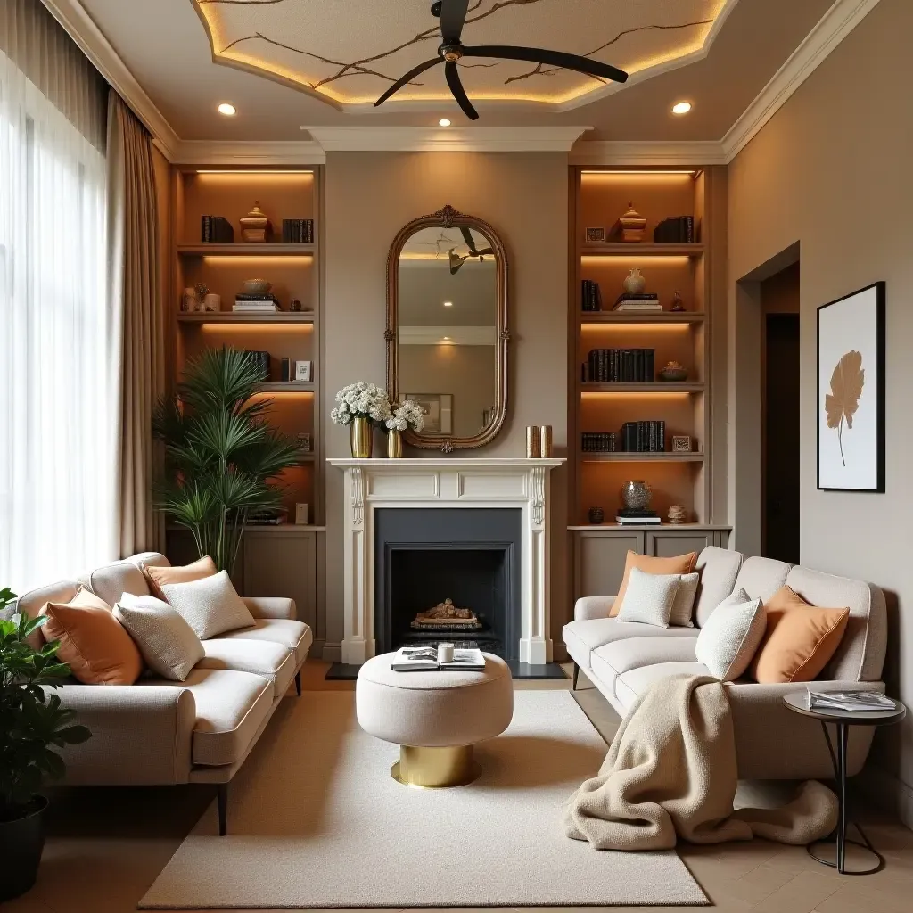 a photo of a chic reading area with a whimsical ceiling design and decor