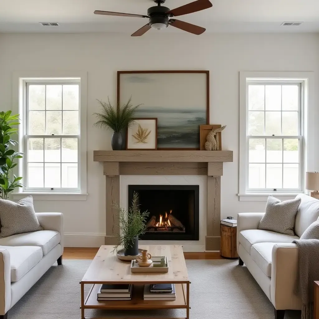 a photo of a living room featuring a reclaimed wood mantel and farmhouse decor