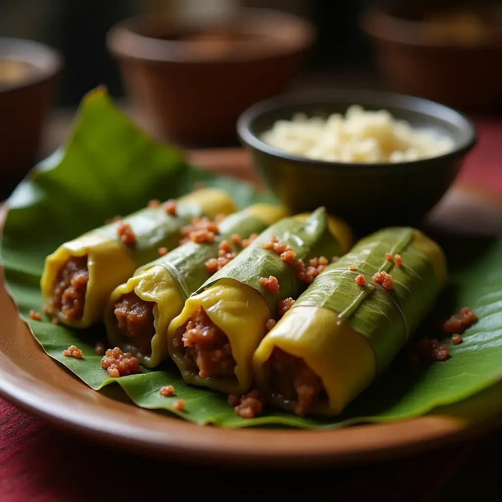 a photo of Chiapas tamales, wrapped in banana leaves, filled with mole, served in a village setting.