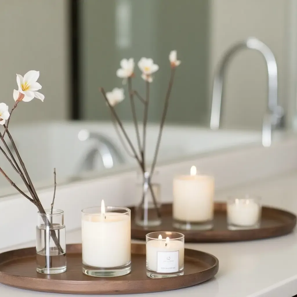 a photo of a stylish bathroom featuring decorative trays and scented candles