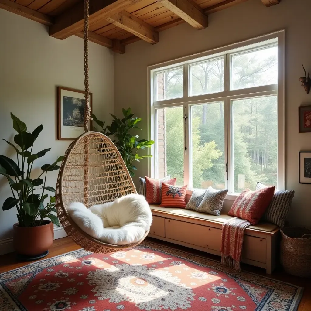 a photo of a bohemian-inspired reading nook with oversized pillows and a hammock chair