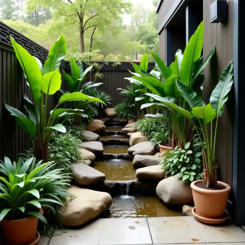 a photo of a balcony oasis with a small water feature and tropical plants