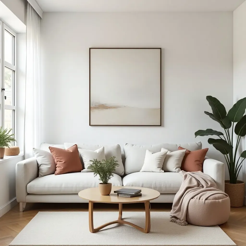 a photo of a cozy living room featuring mirrored furniture and bright decor