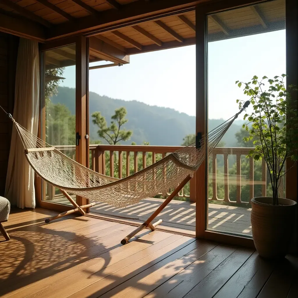 a photo of a balcony with wooden decking and a hammock