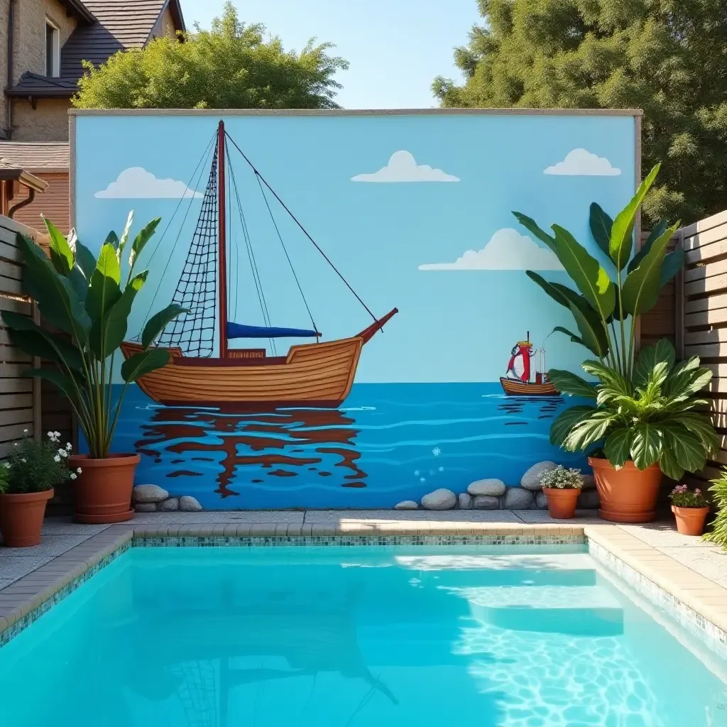 a photo of a charming nautical theme mural by the pool