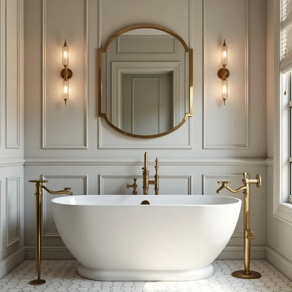 a photo of a bathroom with metallic gold fixtures and elegant decor