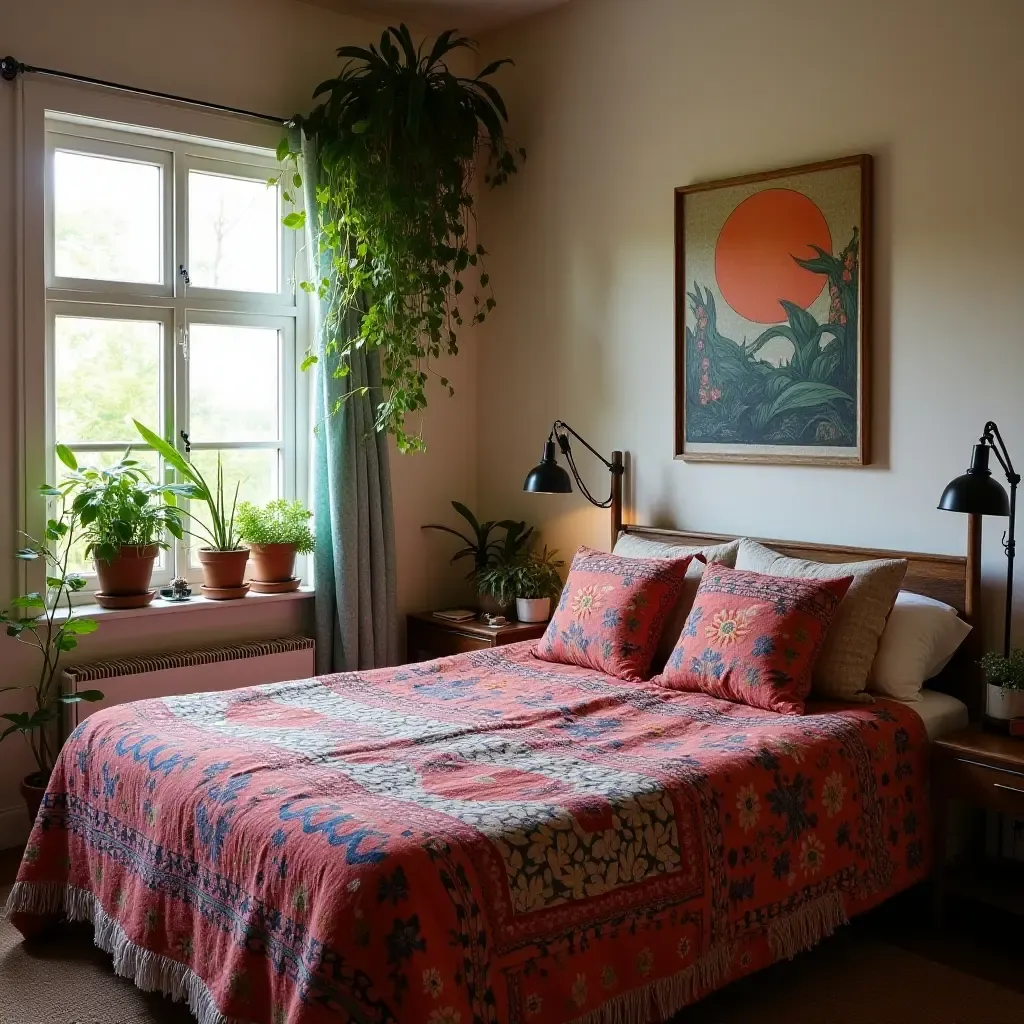 a photo of a cozy bohemian bedroom with vibrant textiles and plants