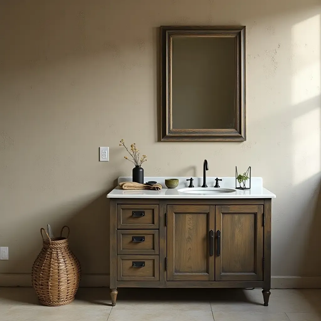 a photo of a vintage vanity set against a basement wall