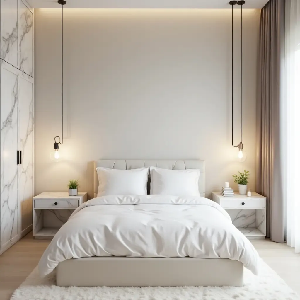 a photo of a serene teen bedroom with marble elements and soft lighting