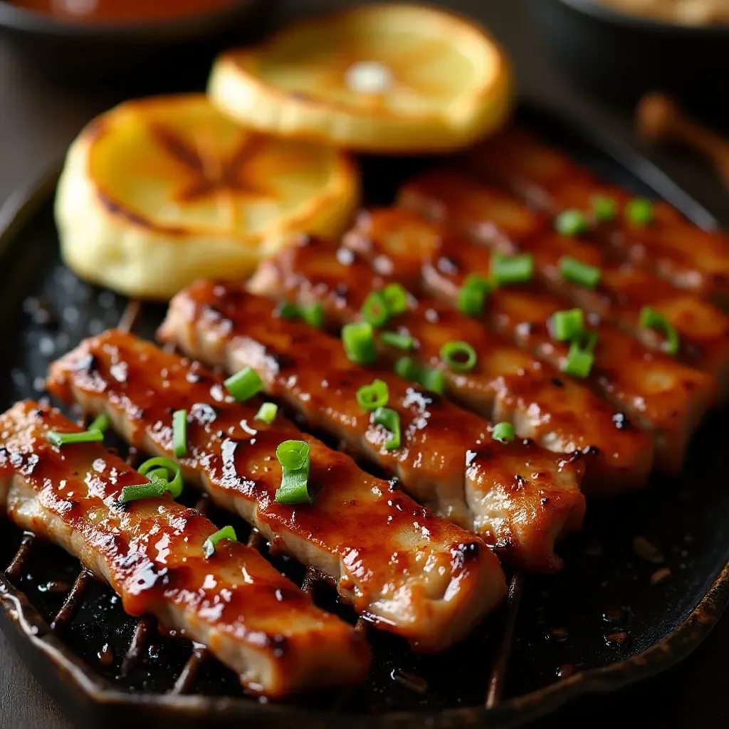 a photo of Korean BBQ with a citrus soy marinade and charred scallion pancakes.