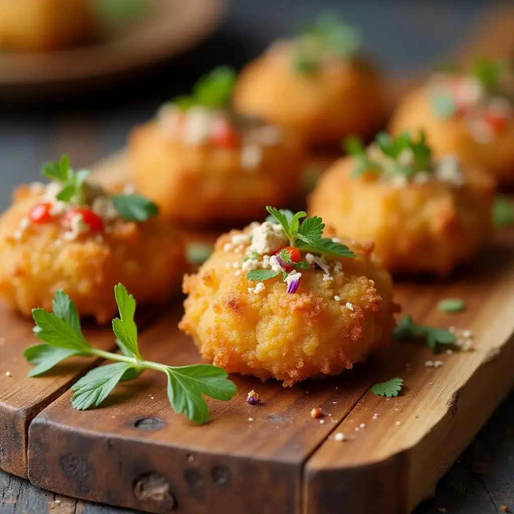 a photo of modern Spanish tapas featuring truffle-infused croquettes on a rustic wooden board.