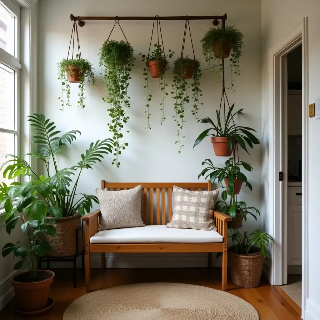 a photo of a cozy nook with a vintage ladder and hanging plants