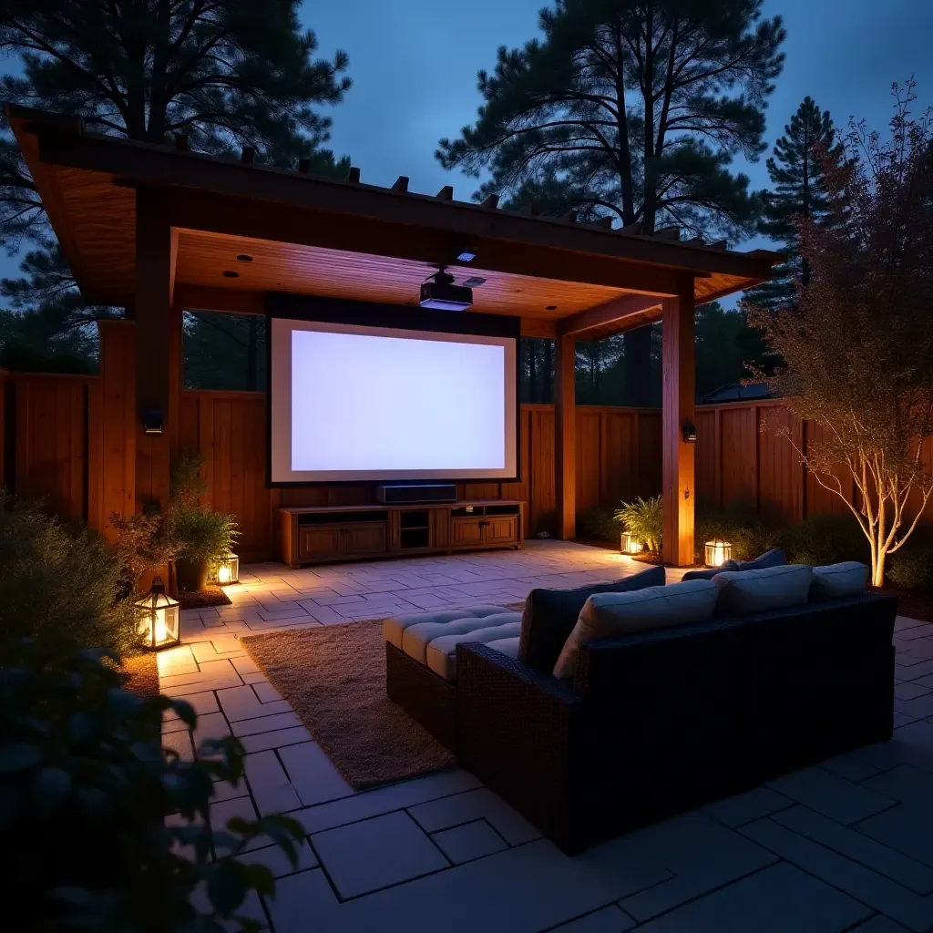 a photo of a detached covered patio with a movie screen and projector setup