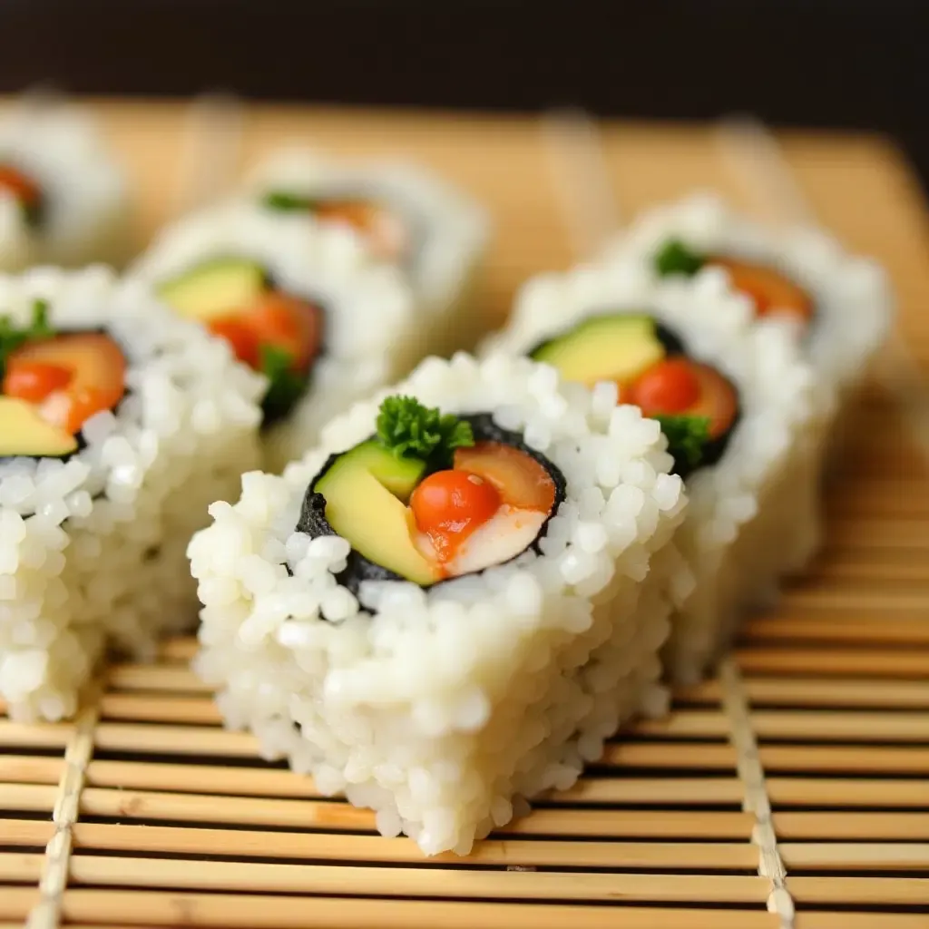 a photo of tofu and vegetable sushi rolls on a bamboo mat.