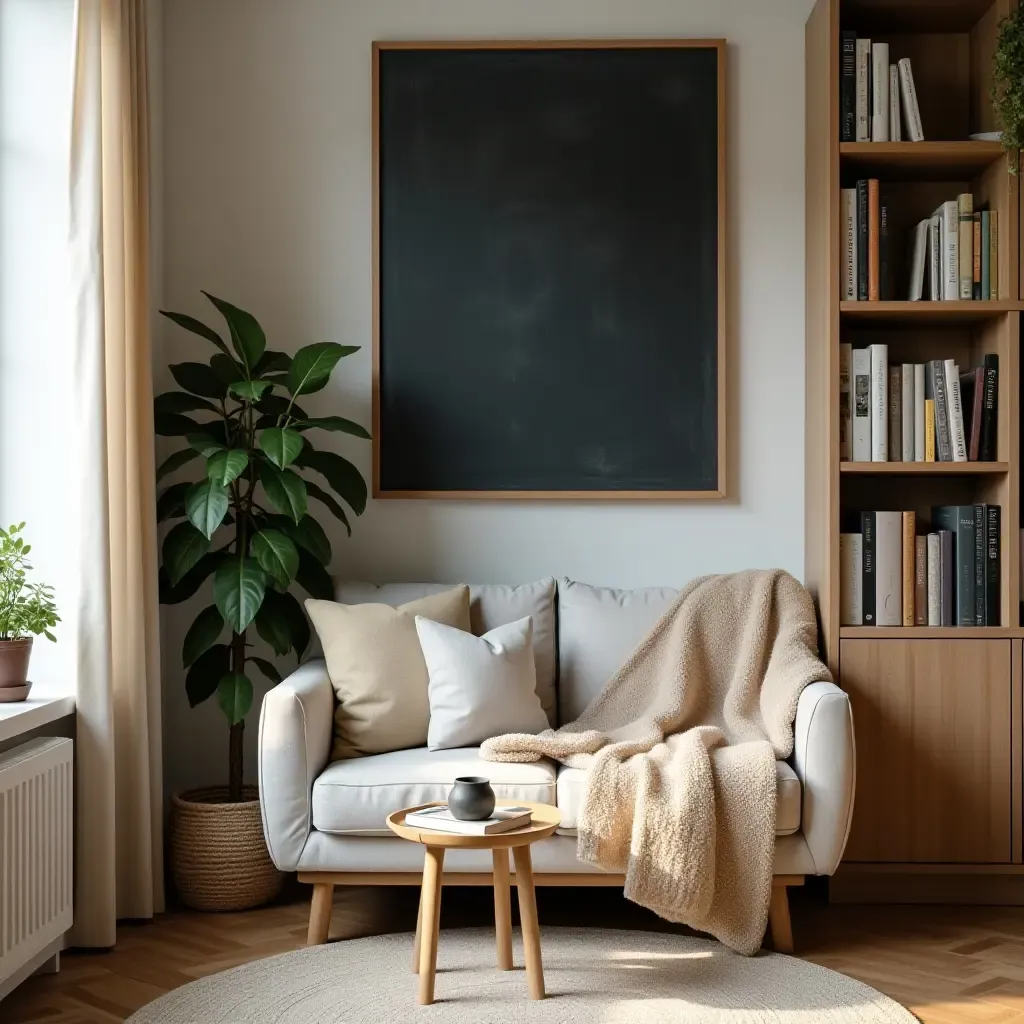 a photo of a reading nook with a chalkboard and creative supplies