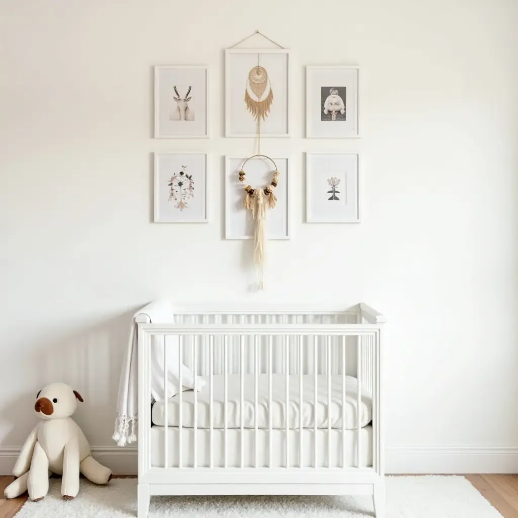 a photo of a nursery gallery wall with a dreamcatcher centerpiece