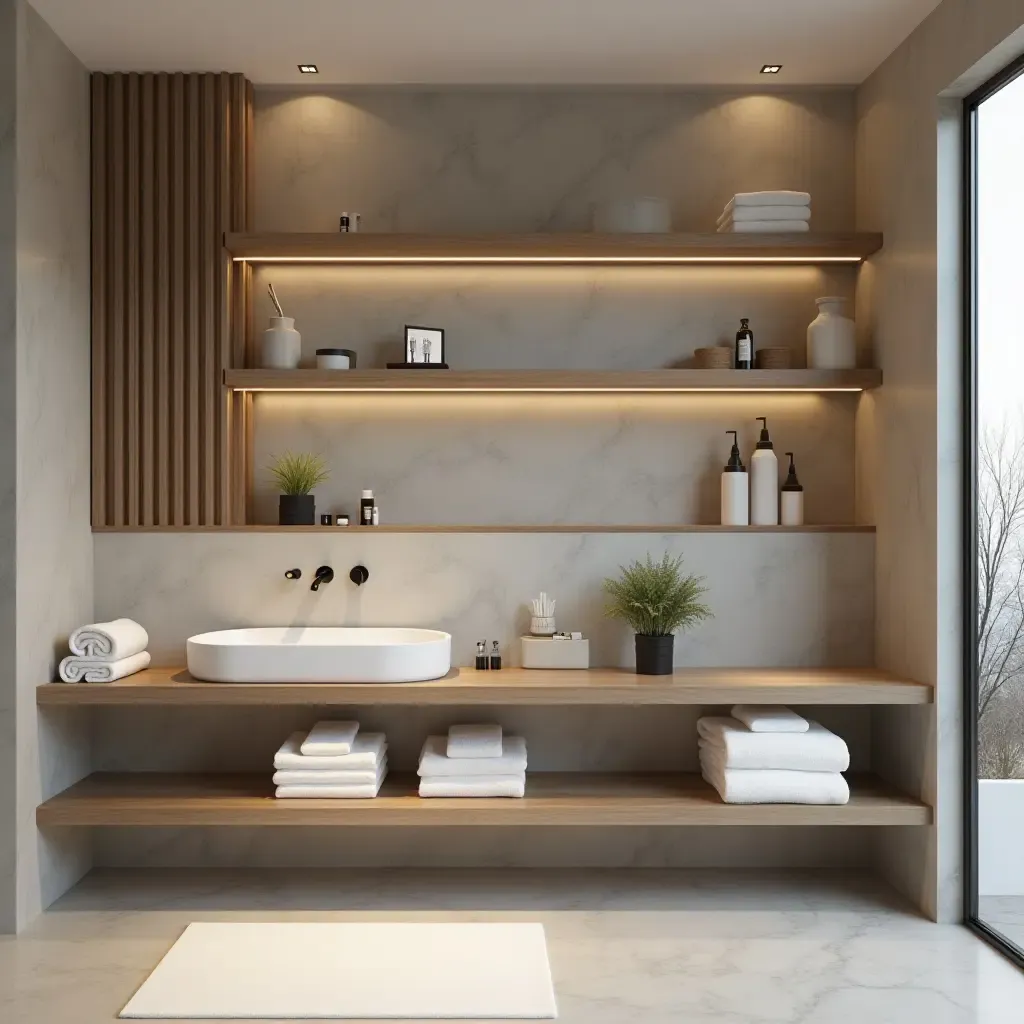 a photo of a sleek modern bathroom with open shelves and luxurious towels