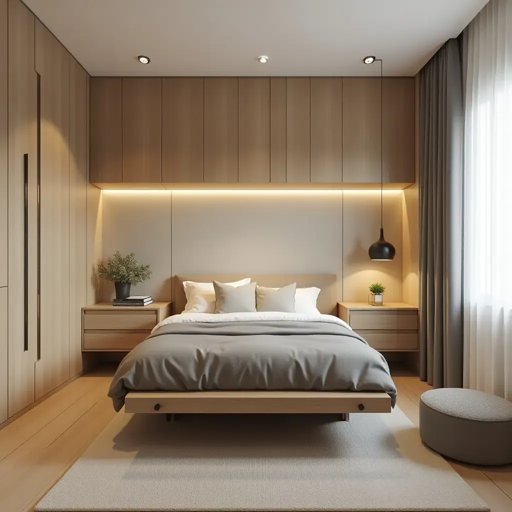 a photo of a bedroom with a foldable desk that saves space