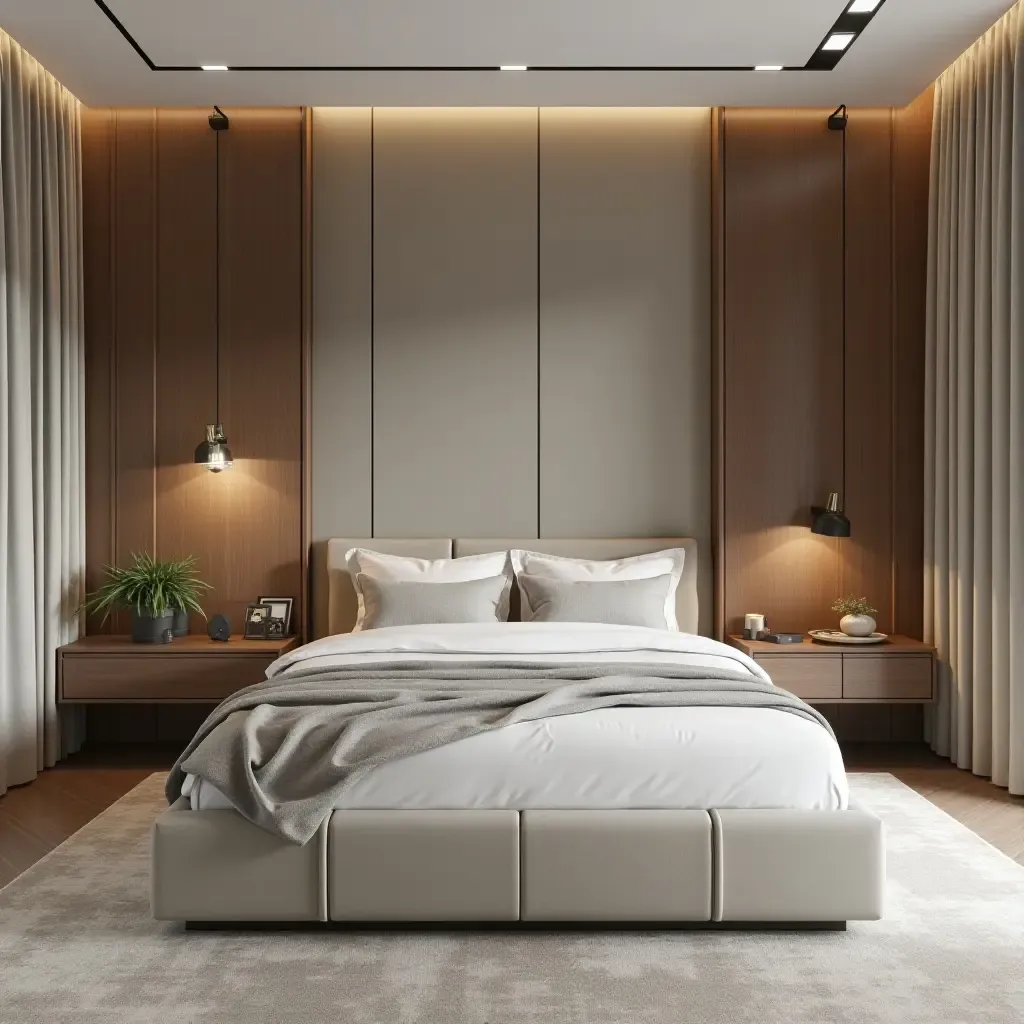 a photo of a stylish bedroom with a low bed and built-in storage