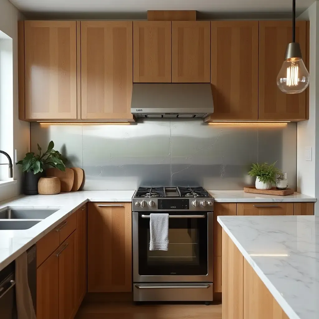 a photo of a kitchen with a unique metal backsplash and wooden cabinets