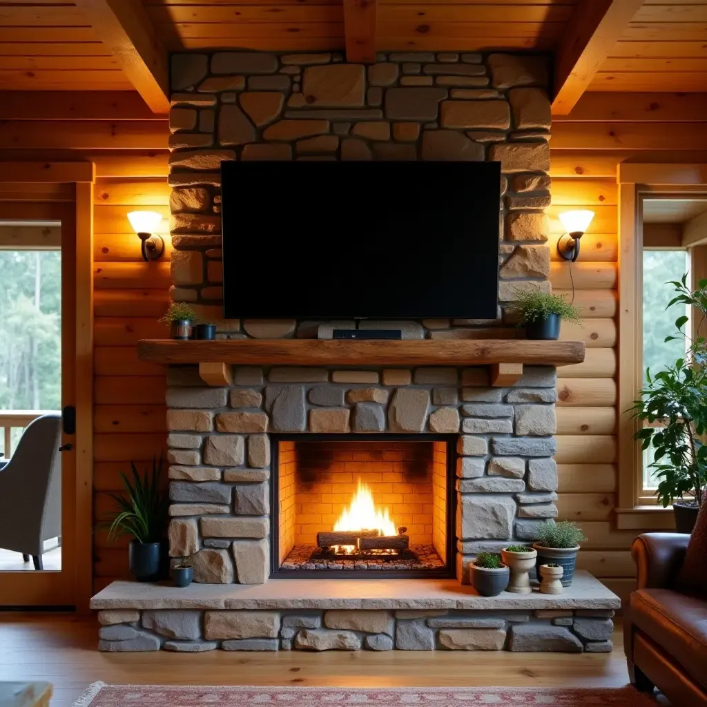 a photo of a cozy cabin with a TV integrated into a stone fireplace mantel