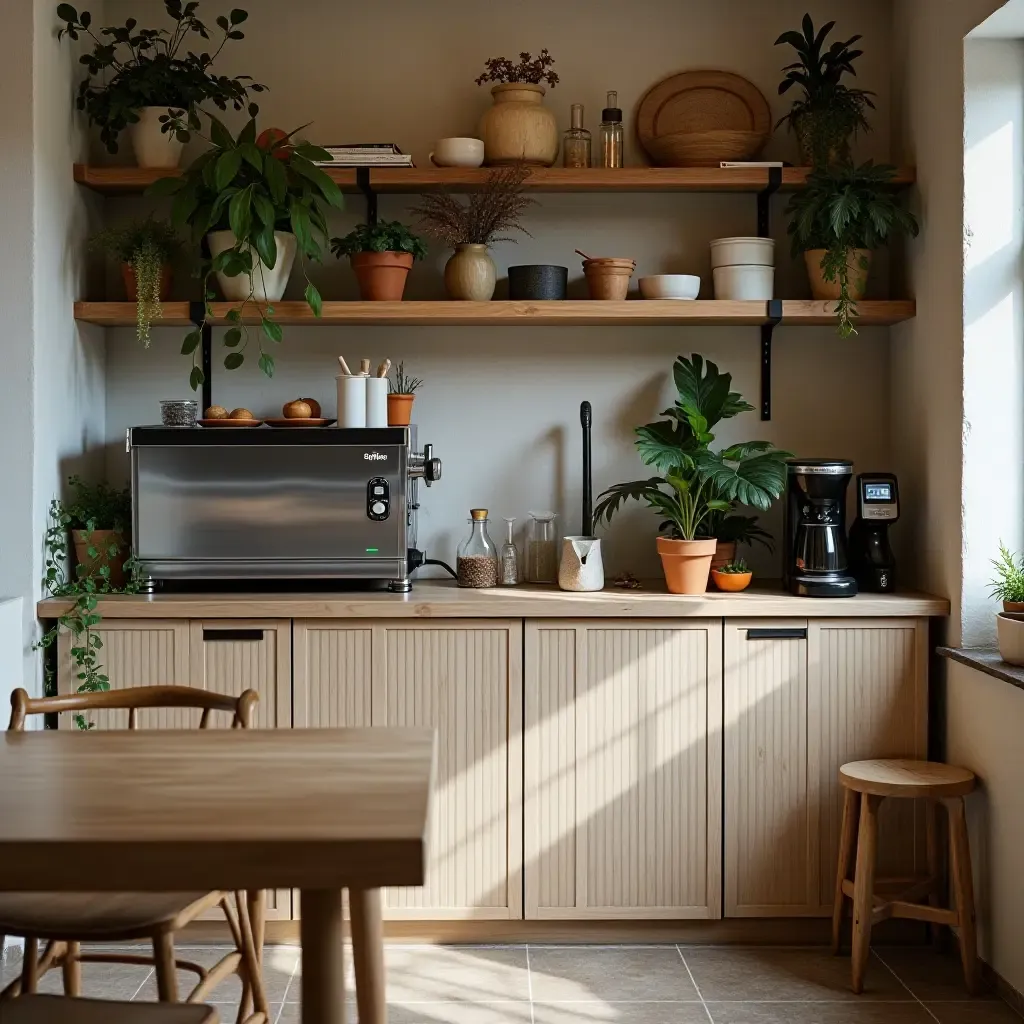 a photo of a cozy coffee station with rustic wooden shelves and plants