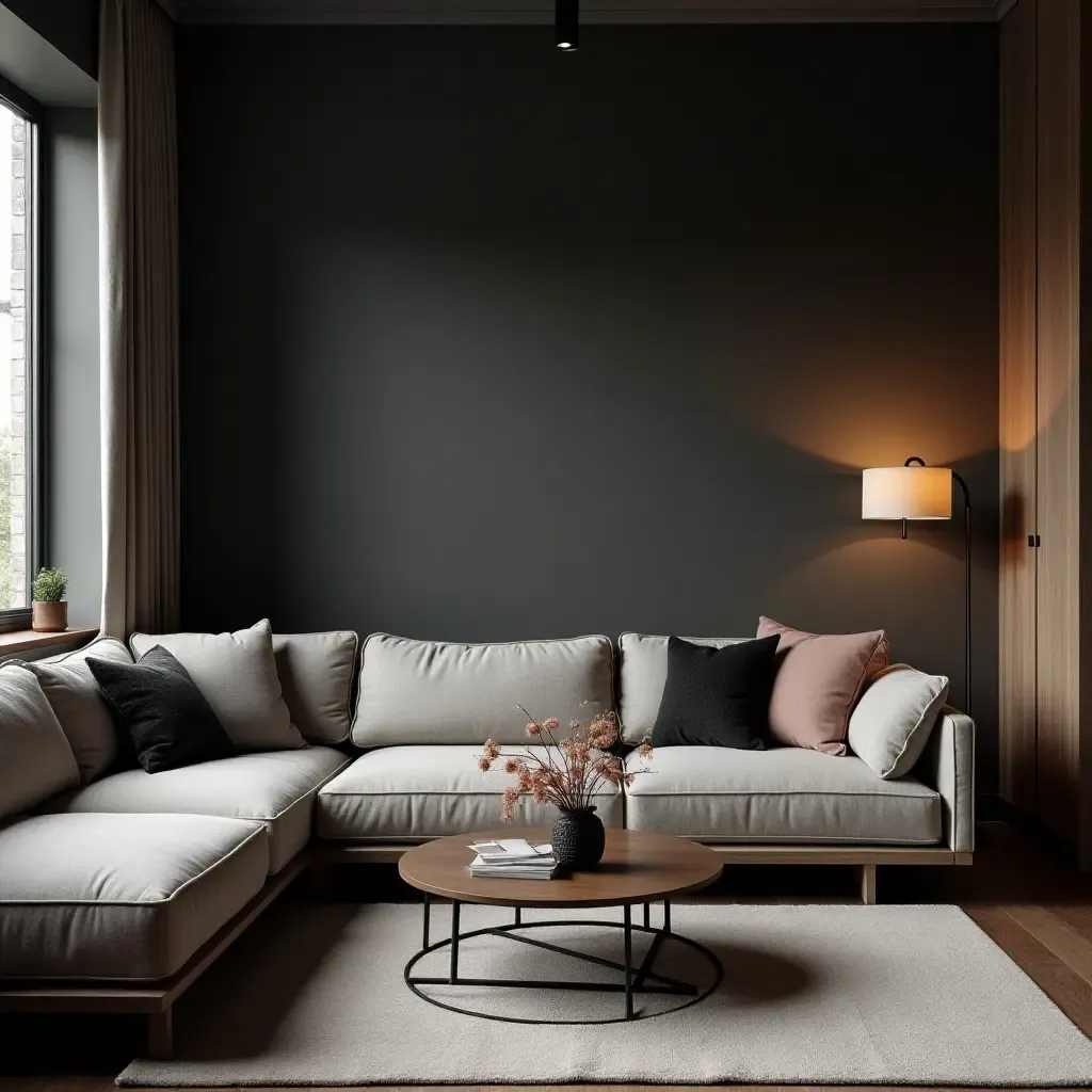 a photo of a cozy dark grey living room with layered textures and warm lighting