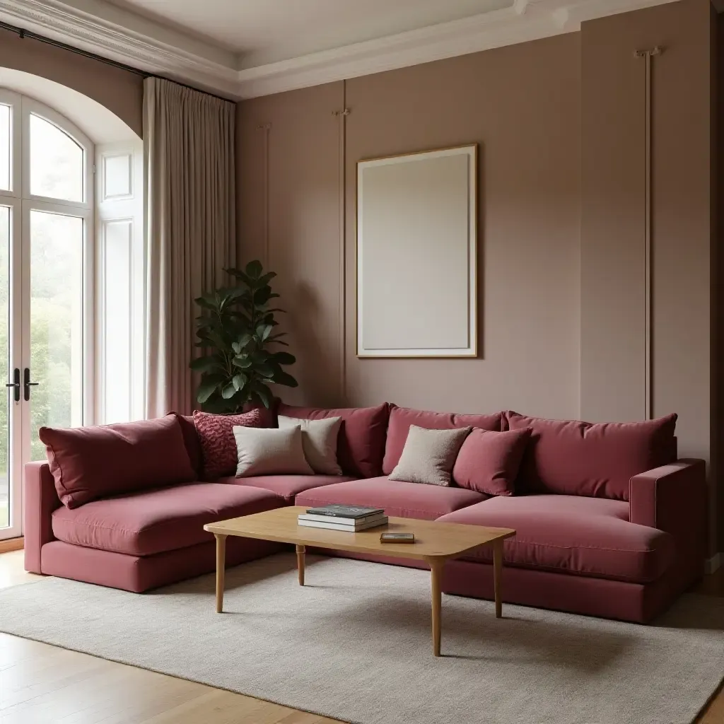 a photo of a stylish living room using burgundy and soft beige tones