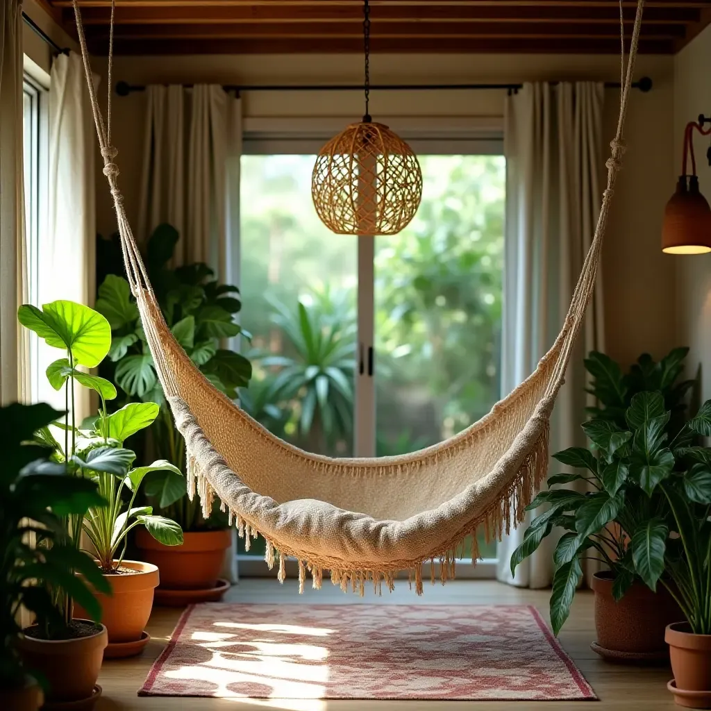 a photo of a cozy corner with a hammock and tropical plants