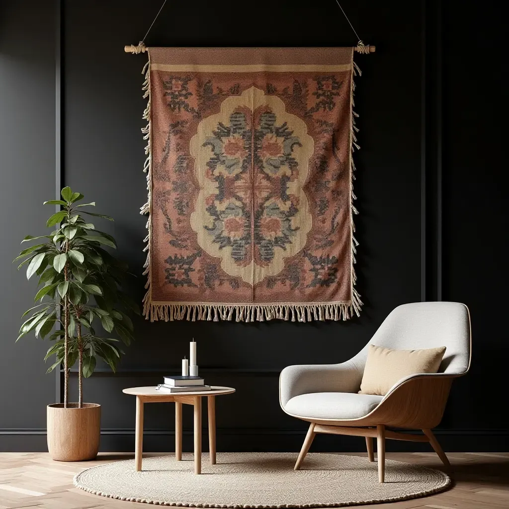 a photo of a dark accent wall featuring a tapestry or textile