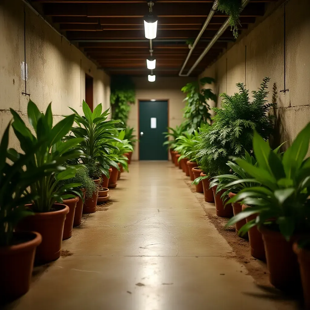 a photo of a basement with a series of small potted plants