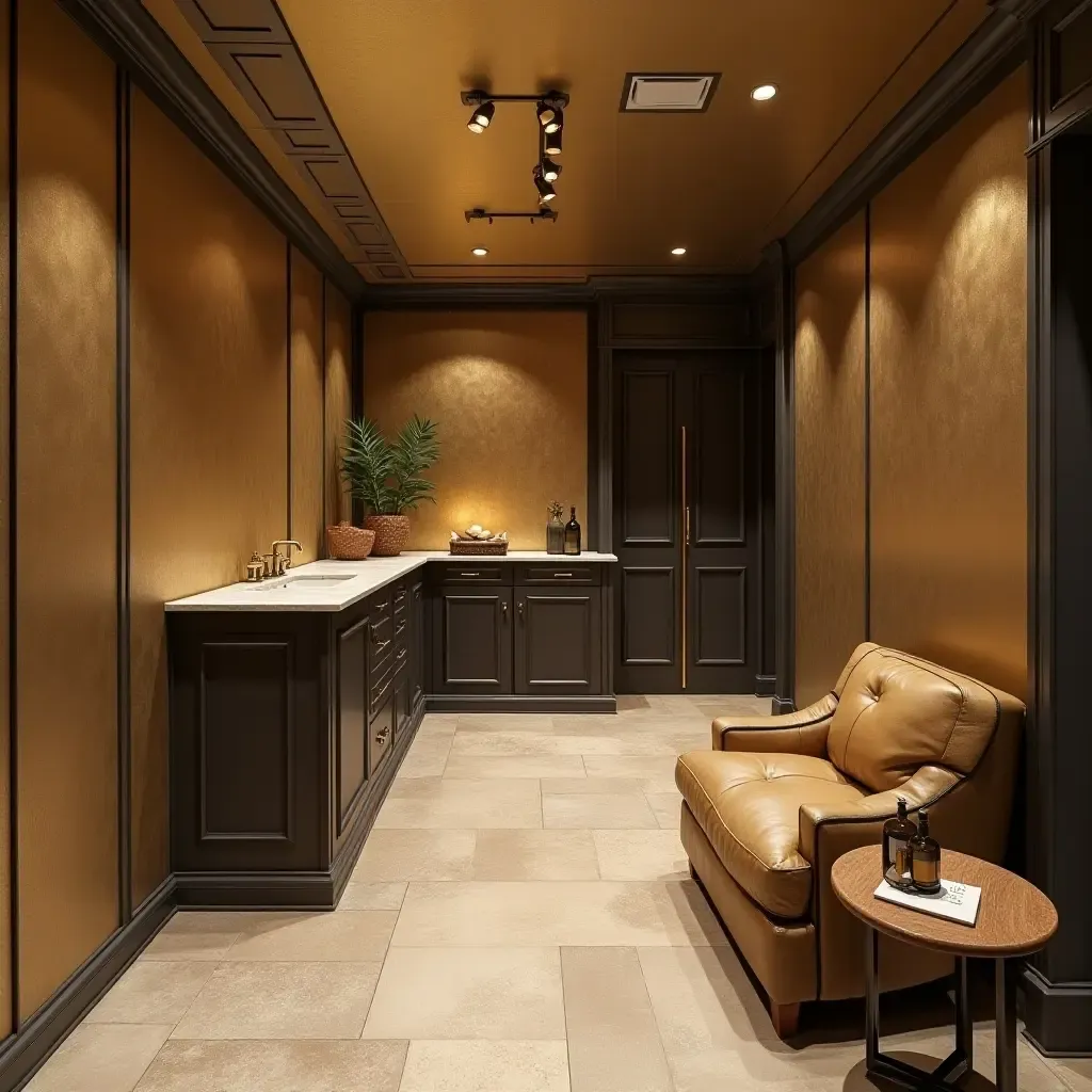 a photo of a basement with metallic accent walls