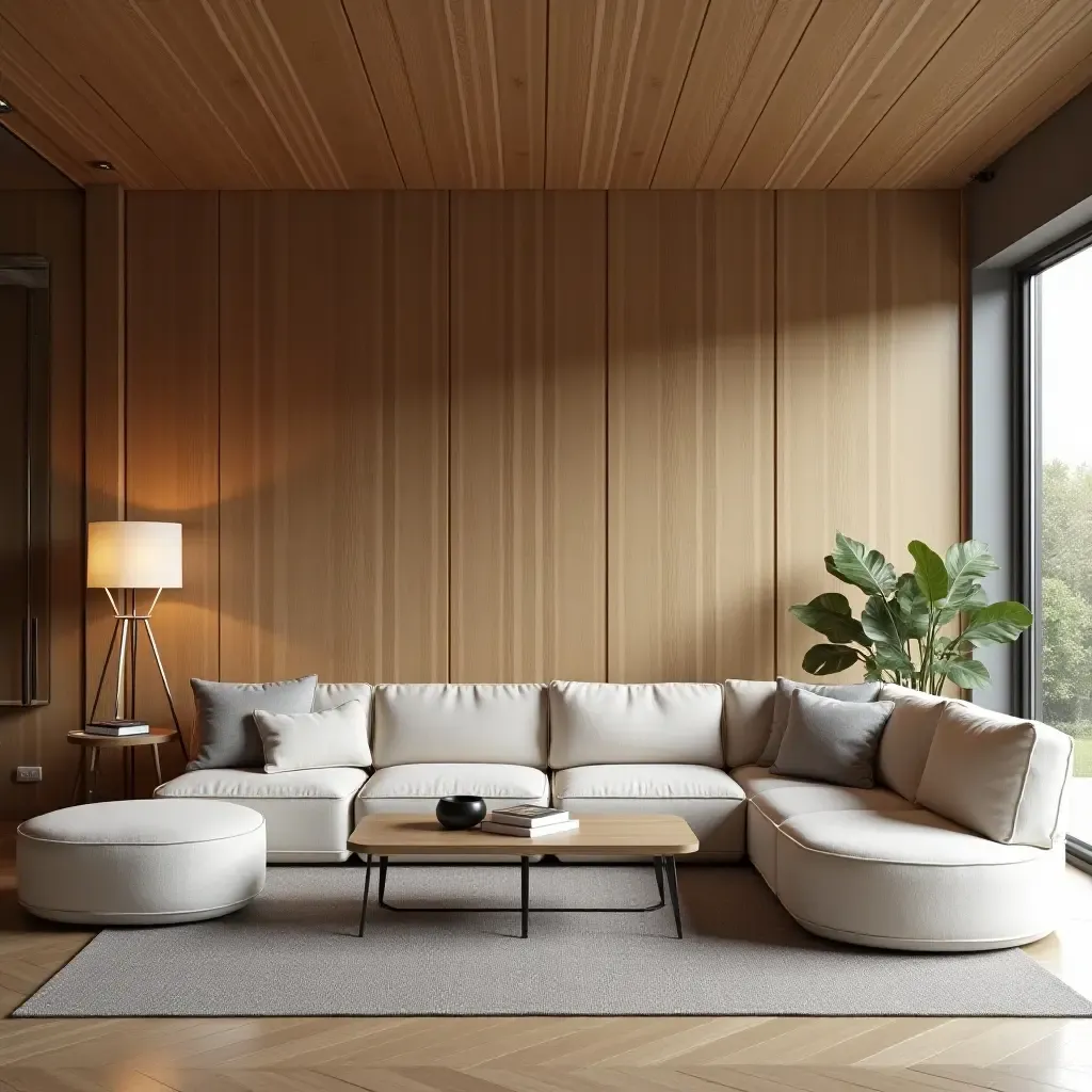 a photo of a living room with a wooden accent wall and comfortable seating