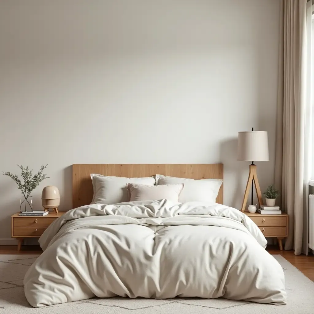 a photo of a modern kids&#x27; room with a wooden headboard and bedding