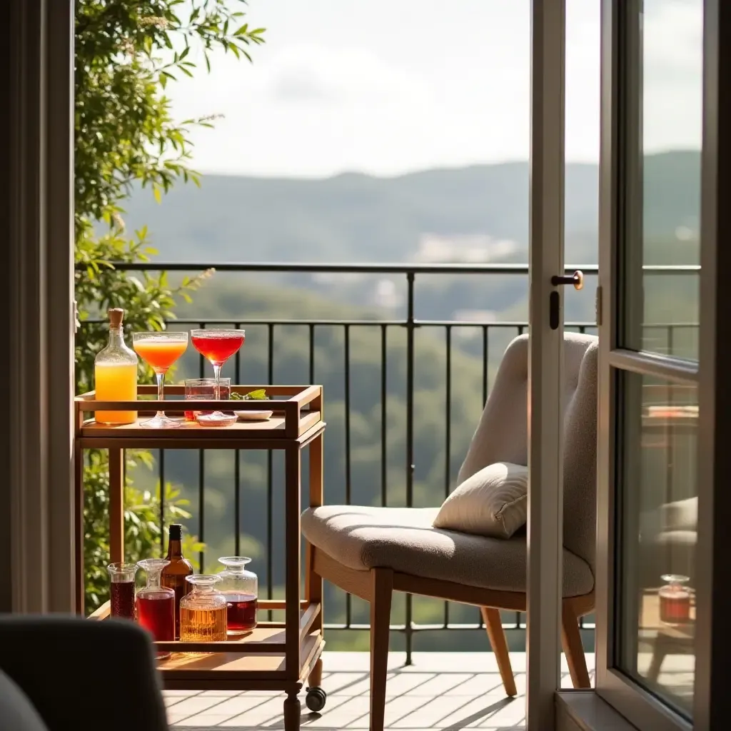 a photo of a chic balcony with a bar cart and colorful cocktails