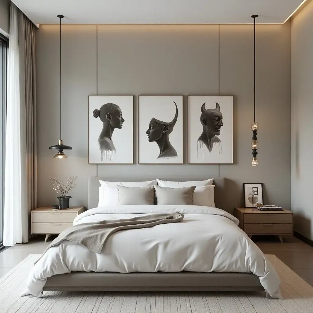 a photo of a sleek bedroom with a gallery wall of modern art sculptures