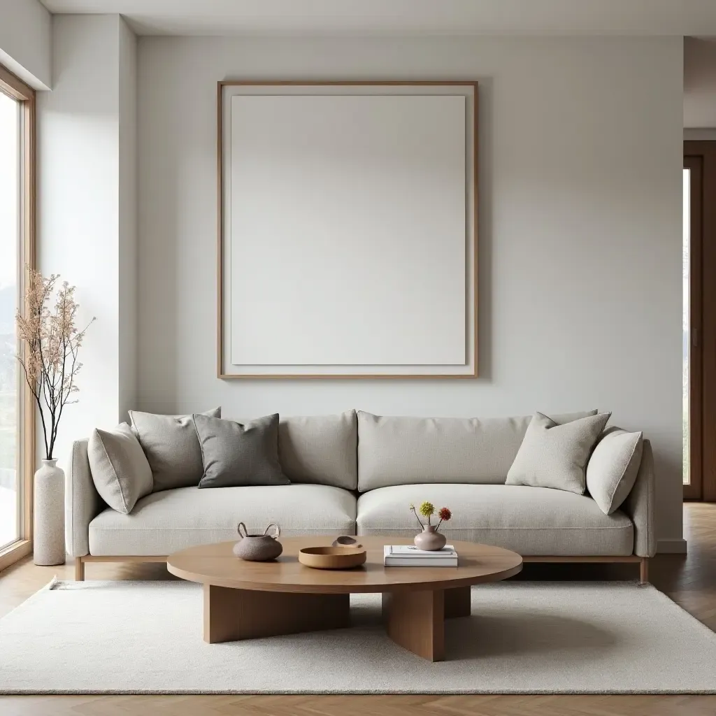 a photo of a sleek living room featuring a low coffee table and minimalist art