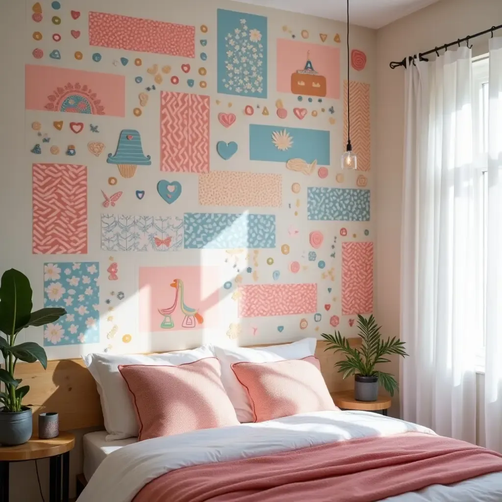 a photo of a wall featuring a creative use of washi tape art in a colorful bedroom