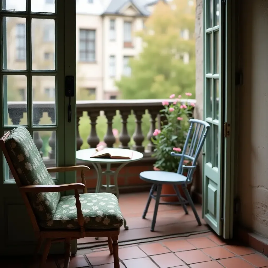 a photo of a quaint balcony with a vintage side table and a book