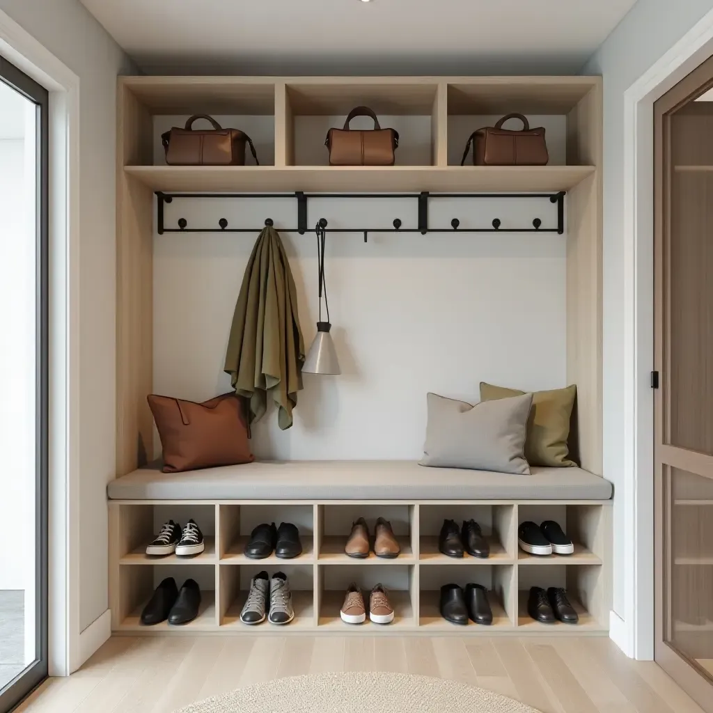 a photo of a stylish basement entryway with shoe storage on shelves