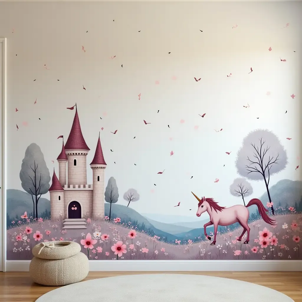 a photo of a whimsical fairy-tale mural featuring castles and unicorns on a wall