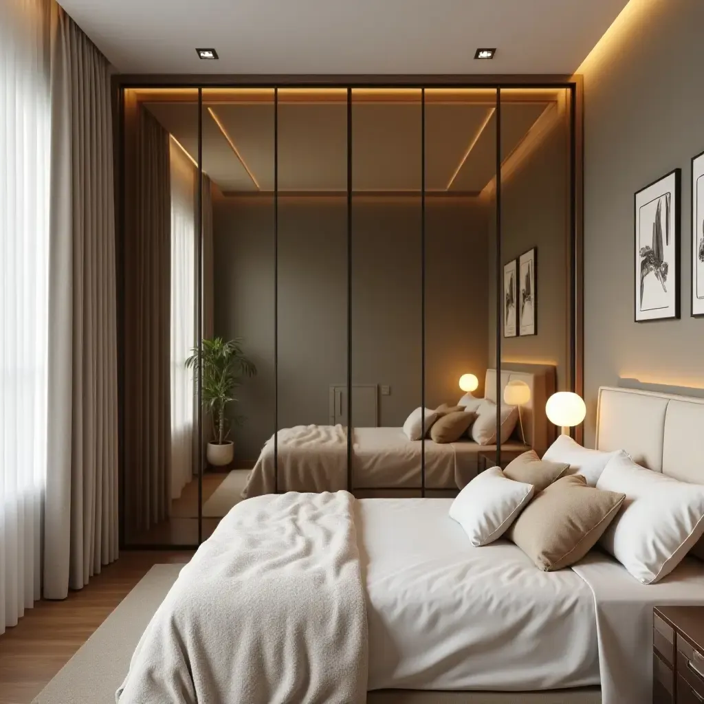 a photo of a sleek bedroom with mirrored closet doors and bright accents