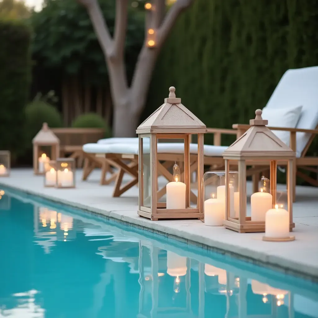 a photo of a bright and airy poolside with Scandinavian lanterns and candles